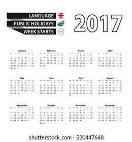 Calendar 2017 on English language. With Public Holidays for South Africa in year 2017. Week starts from Monday. Simple Calendar. Vector Illustration.