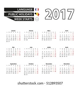 Calendar 2017 on French language. With Public Holidays for Belgium in year 2017. Week starts from Monday. Simple Calendar. Vector Illustration.