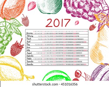 Calendar for 2017 on fruits background. Fruits hand made in sketch style. Vector illustration