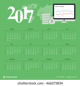 Calendar for 2017 on Green background. Dashboard with coin stalk Technology Banner with world map transparent background. Week Starts Sunday. Vector Design Print Template