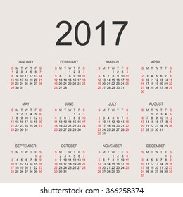 Calendar for 2017 on grey background. Vector circle calendar 2017. In this 2017 simple calendar week starts from Sunday and ends with Saturday. Font arial family sans serif regular narrow