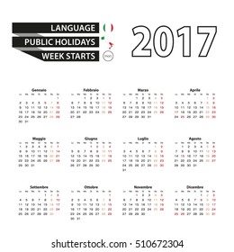 Calendar 2017 on Italian language. With Public Holidays. Week starts from Monday. Simple Calendar. Vector Illustration.