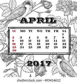 Calendar 2017 on the month of April on the background of blooming roses and swallows
