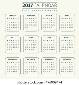 Calendar for 2017 on Pale or Light Background. Week Starts Monday. Simple Vector Template. For web and print design. Vector illustration. Vertical orientation. Monochrome color