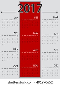 Calendar for 2017 on red and white Background. Week Starts Sunday. Simple Vector Template