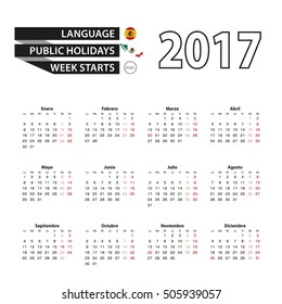 Calendar 2017 on Spanish language. With Public Holidays for Mexico in year 2017. Week starts from Monday. Simple Calendar. Vector Illustration.