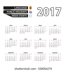 Calendar 2017 on Spanish language. With Public Holidays for Uruguay in year 2017. Week starts from Sunday. Simple Calendar. Vector Illustration.