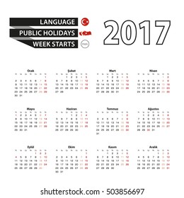 Calendar 2017 on Turkish language. With Public Holidays for Turkey in year 2017. Week starts from Monday. Simple Calendar. Vector Illustration.