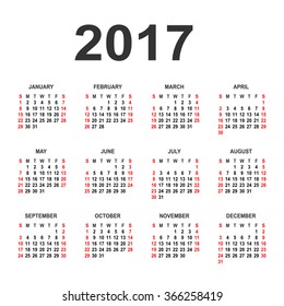 Calendar for 2017 on white background. Vector circle calendar 2017. In this 2017 simple calendar week starts from Sunday and ends with Saturday. Font arial family sans serif bold