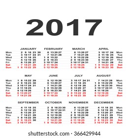 Calendar for 2017 on white background. Vector circle calendar 2017. In this 2017 simple calendar week starts from Monday and ends with Sunday. Font arial family sans serif bold
