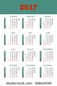 Calendar for 2017 on white Background. Vector illustration