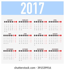 Calendar for 2017 on White Background. Week Starts Monday. Simple Vector Template