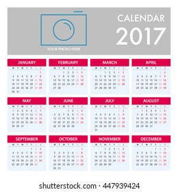 Calendar for 2017 on White Background. Week Starts Monday. Simple Vector Template