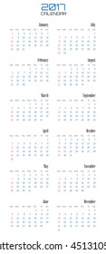 Calendar for 2017 on White Background. Week Starts Sunday. Simple Vector Template