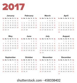 Calendar for 2017 on a white background