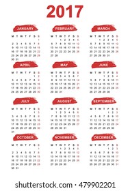 Calendar 2017 on white background. Vector illustration.