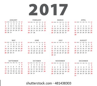 Calendar for 2017 on white background