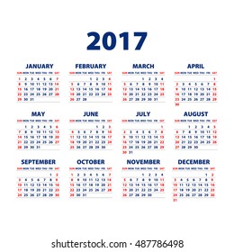 Calendar for 2017 on white background. Vector EPS10. art