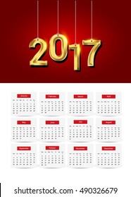 Calendar 2017 on white background, text design hanging gold colored isolated on red background