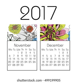 Calendar for 2017 on white background. Vector. winter, November, December