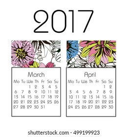 Calendar for 2017 on white background. Vector. spring, March, April