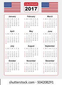 Calendar for 2017 on white background with two vector image of american flag. Vector EPS10.