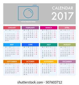 Calendar for 2017 on White Background. Week Starts Monday. Simple Vector Template