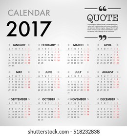 Calendar for 2017 on White Background with quote on right corner for organization and business. Week Starts Monday. Simple Vector Template. EPS10