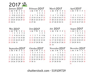 Calendar for 2017 on white background. Vector EPS10.