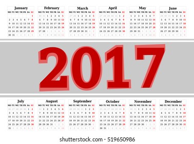 Calendar for 2017 on white background. Vector EPS10.