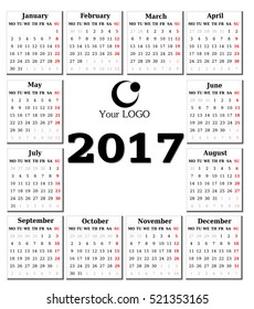 Calendar for 2017 on white background. Vector EPS10.
