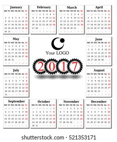 Calendar for 2017 on white background. Vector EPS10.
