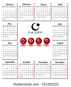 Calendar for 2017 on white background. Vector EPS10.