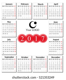 Calendar for 2017 on white background. Vector EPS10.