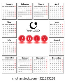 Calendar for 2017 on white background. Vector EPS10.