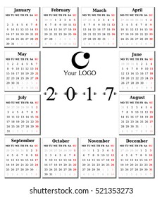 Calendar for 2017 on white background. Vector EPS10.