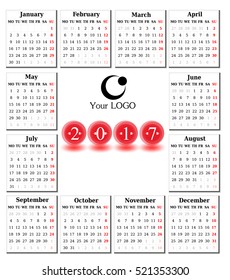 Calendar for 2017 on white background. Vector EPS10.