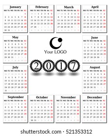 Calendar for 2017 on white background. Vector EPS10.