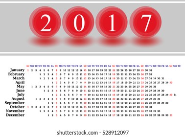 Calendar for 2017 on white background. Vector EPS10.