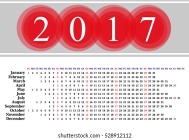 Calendar for 2017 on white background. Vector EPS10.