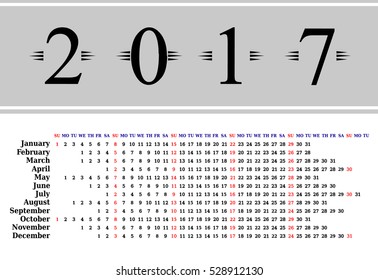 Calendar for 2017 on white background. Vector EPS10.