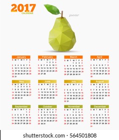 Calendar for 2017 on white background. Polygonal fruit. Abstract geometric origami style. Vector EPS 10 illustration.