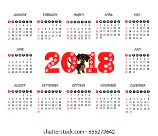 Calendar 2017 on white background with a dachshund. Dog symbol of New Year 2018. Week starts with Sunday. 