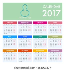 Calendar for 2017 on White Background. Week Starts Monday. Simple Vector Template