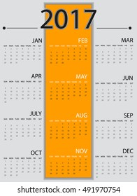 Calendar for 2017 on yellow and white Background. Week Starts Sunday. Simple Vector Template