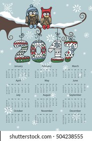 Calendar 2017 with Owl couple on branch.VEctor New Year poster.Knitting numbers,snowflakes.Sign of seasons,handmade symbol.Holiday winter background.Week starts from sunday,american.Vertical