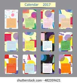 Calendar 2017. Patterns with geometric backgrounds. Vector. Isolated. The style of Memphis.