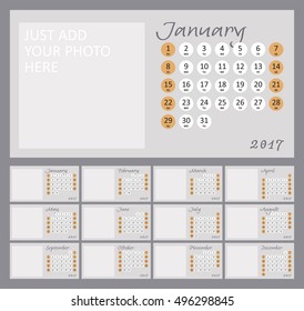 Calendar for 2017 with place for photo. Week starts Sunday