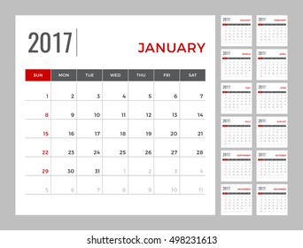 Calendar 2017 planning template for 12 months