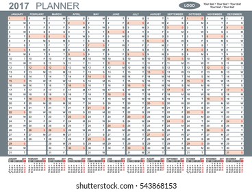 Calendar 2017. Planning calendar template. January - December, week starts on Monday. Gray color. Vector illustration.